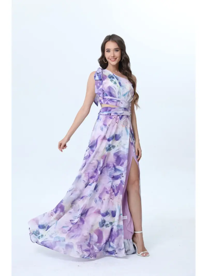 Robe longue imprimée fleurie asymétrique Minorque