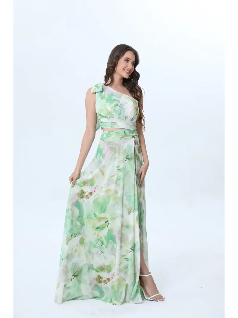 Robe longue imprimée fleurie asymétrique Minorque – Image 3