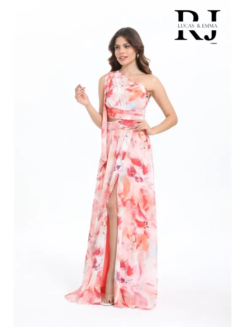 Robe longue imprimée fleurie asymétrique Minorque – Image 2
